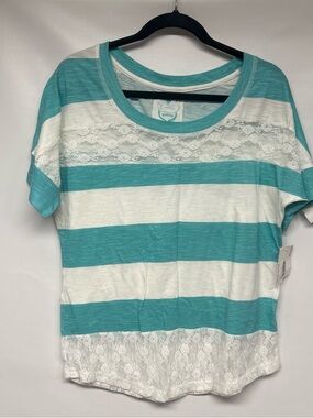 Striped Lace Accent Short Sleeve Tee - Teal & White